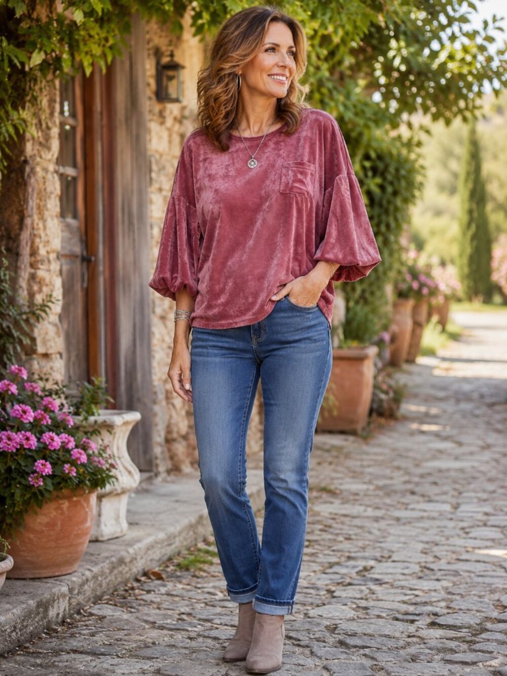 SET THE STAGE Elbow Poof Sleeve Scoop Neck Copper Mauve Velour Blouse NWT XL
